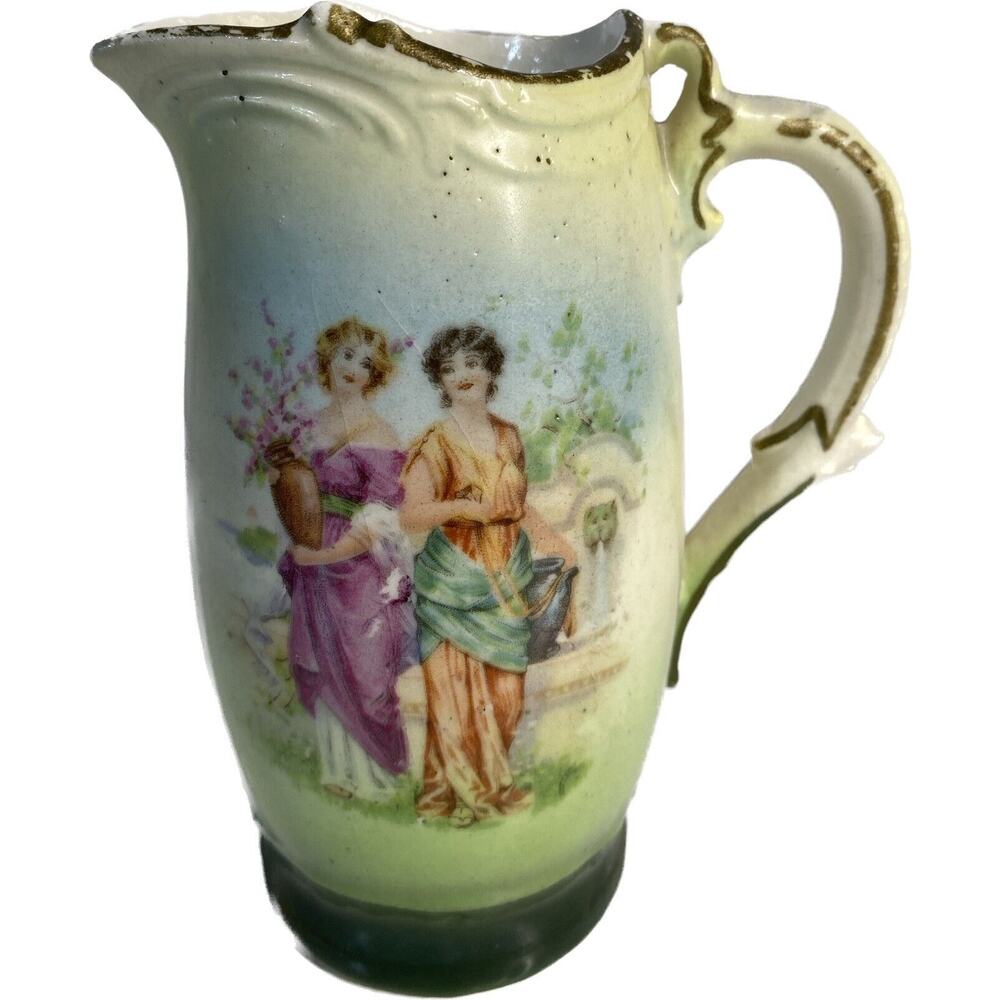 Antique Czech Creamer Pitcher Small Pastoral Scene Maidens w/ Jugs Green Pastel
